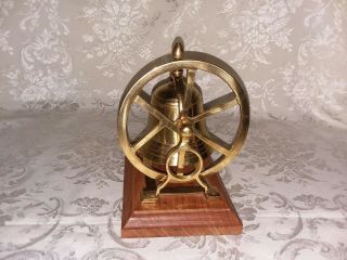 Vintage Brass Ship ' s Bell Desk Decor Mounted On Wood Wooden Base With Wheel 4