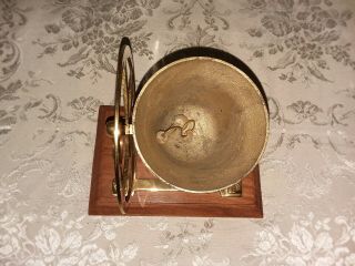 Vintage Brass Ship ' s Bell Desk Decor Mounted On Wood Wooden Base With Wheel 5