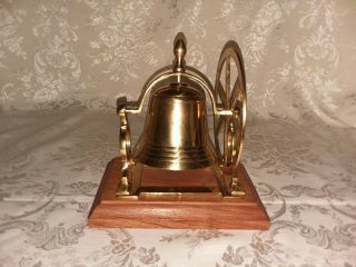 Vintage Brass Ship ' s Bell Desk Decor Mounted On Wood Wooden Base With Wheel 6