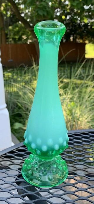 Green Vintage Fenton Vaseline Hobnail Opalescent Bud Vase - - Glows W/blacklight