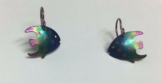 Vintage Titanium Drop Dangle Fish Earrings 1970’s Artist Made Multi Colored