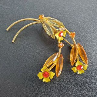D&e Juliana Vintage Amber Glass Navette Enamel Flower Rhinestone Brooch Pin O35