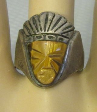 Old Vtg Mexico 925 Sterling Silver Carved Tiger Eye Man Indian Chief Ring Sz 11