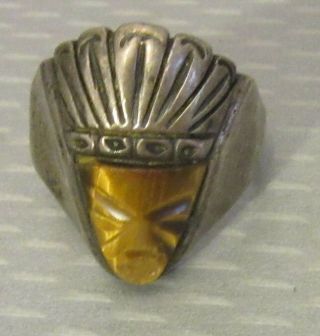 old vtg MEXICO 925 STERLING SILVER CARVED TIGER EYE MAN INDIAN CHIEF RING sz 11 2
