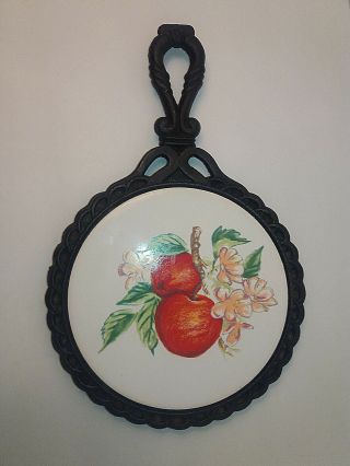 Vintage Cast Iron And Ceramic Tile Trivet Bb Stamp Flower & Apples With Handle