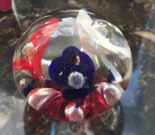 Vintage Art Glass Paperweight St.  Clair Maude And Bob Red White Blue Flowers