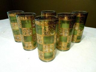 Vtg Mid Century " Culver " Prado Green 22k Gold Highball Glasses - Set 6 - Near