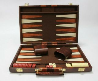 Vintage Backgammon Travel Portable Set W/ Brown " Leather " Case