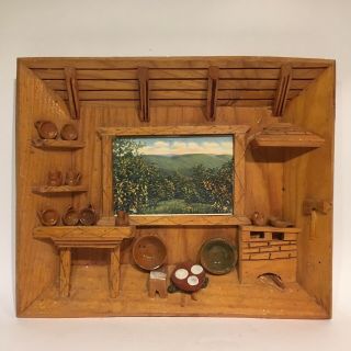 Vintage Folk Art Carved Wood 3d Shadow Box Diorama Cabin Scene Picture Wall Art