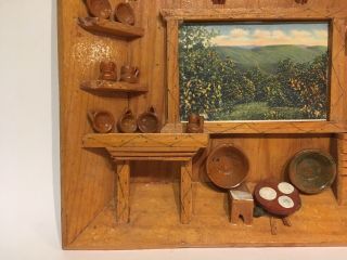 Vintage Folk Art Carved Wood 3D Shadow Box Diorama Cabin Scene Picture Wall Art 5