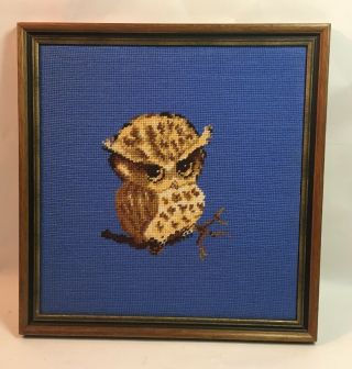 Vintage Needlepoint Owl Art Work Wood Frame Blue 70 