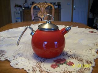 Brillant Red Enamel On Steel Vtg.  Chantal 2 Qt Teapot Kettle With Lid & Whistle