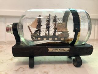 Vintage Santa Maria Ship In A Bottle / Real Wood Base / Piece