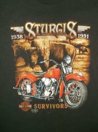 Vtg Early 90’s 3d Emblem T - Shirt Harley Davidson Sturgis Survivors Lg/xl 1991