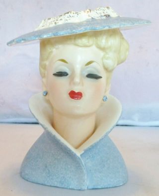 Vintage Napco Lady Head Vase,  C3815,  Blue Hat And Dress,  5 1/2 ",  1959