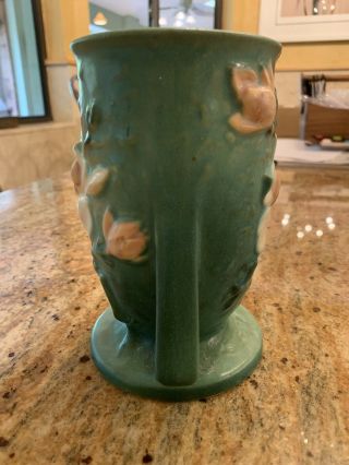 Vintage Roseville USA 87 - 6” Magnolia Vase with Two Handles in Green 1940s 4