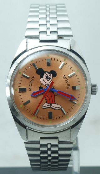 Vintage Fhf St - 96 17 Jewels Micky Mouse Orange Dial Hand Winding Watch
