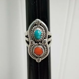 Vintage Old Pawn Native American Sterling Turquoise & Red Coral Ring Sz 6