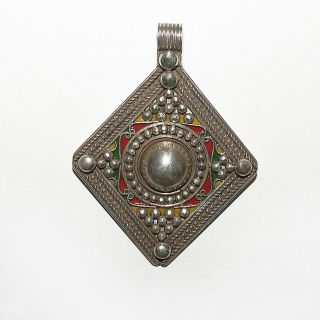 1 Vintage Berber Sterling Silver & Enamel Amulet Pendant Morocco 174d