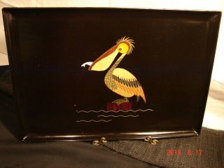 Mcm Vintage Hand Crafted Wood & Metal Inlaid Pelican Black Resin Couroc Tray