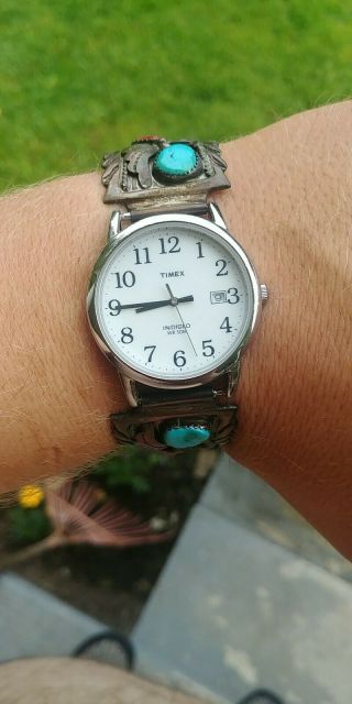 Vintage Native American Sterling Silver 925 Watch Timex Turquoise Red Coral