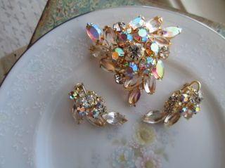 Vintage D&e Juliana Verified Clear & Ab Rhinestone Gold Brooch Pin & Earrings