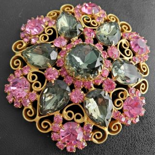 D&e Juliana Vintage Massive Pink Gray Rhinestone Flower Filigree Brooch Pin O52