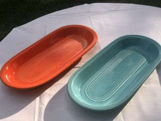 2 Vintage Homer Laughlin Fiesta Ware 10” Relish Trays.  Orange Blue Green