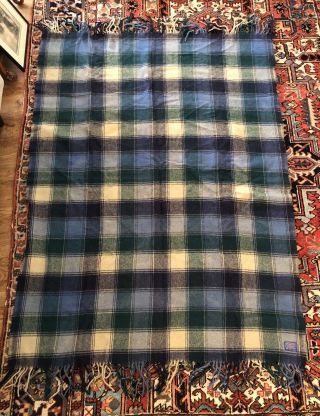 Vintage Pendleton Wool Blanket Made In Usa Blue Grey Green Plaid 67 X 50 Picnic