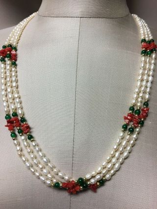 Vintage Triple Strand Cultured Seed Pearl Necklace W/jade & Coral Beads