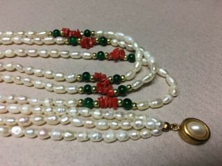 Vintage Triple Strand CULTURED Seed PEARL Necklace W/Jade & Coral Beads 2