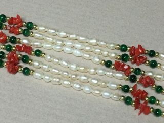 Vintage Triple Strand CULTURED Seed PEARL Necklace W/Jade & Coral Beads 3