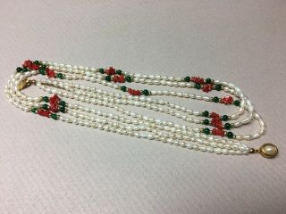 Vintage Triple Strand CULTURED Seed PEARL Necklace W/Jade & Coral Beads 5
