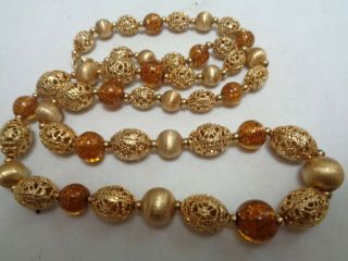 Vintage Napier Gold Plated Filigree Amber Foil Glass Beaded Necklace On Chain