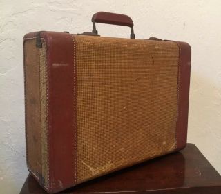 Vintage Small Suitcase 15x12x4 " Leather Trimmed Tweed/straw Look Wood Sturdy