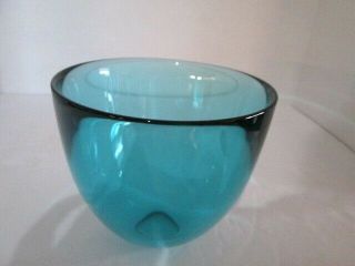 Vtg Orrefors Sweden Heavy Turquoise Art Glass Bowl 4 - 4 1/4 " Angled Height