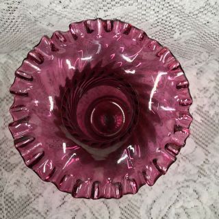 Vtg Fenton Cranberry Dark Pink Swirled Glass Ruffle Wavy Edge Vase 8 Inches Tall 5