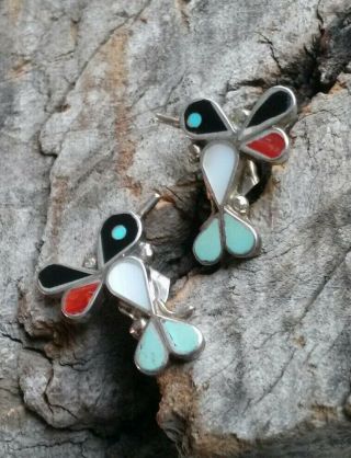 Vintage Zuni Sterling Silver Turquoise Hummingbird Earrings