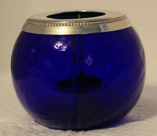 Vintage Crackle Glass Cobalt Blue & Silver Candle Holder.