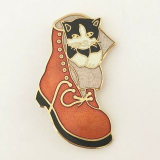 Vintage Enamel Crown & Fish Cat Puss In Boots Costume Brooch Pin