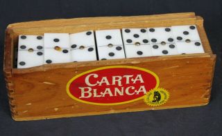 28 Vintage Carta Blanca Dominos Set In Wood Box Dovetail Corners Mexico Marked