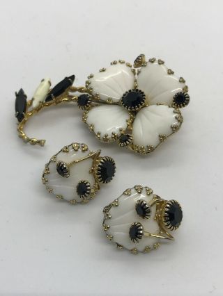 Vintage Hobe Milk Glass & Black Rhinestone Brooch Pin & Matching Clip Earrings