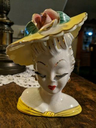 Vintage Lefton Japan Lady Head Vase Yellow Hat Pink Rose Gold Trim Edge