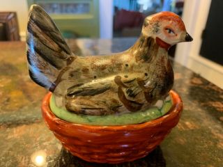 Vintage Majolica Staffordshire Colorful Red Hen / Chicken On Nest Egg Box