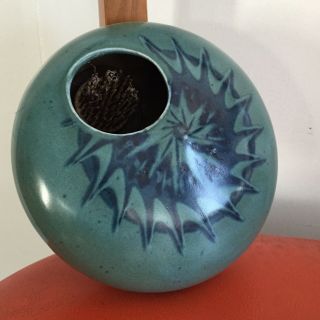 Vintage Art Pottery Blue Ikebana Vase Flower Frog Blue Ceramic Glaze Signed