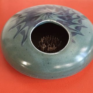 Vintage ART POTTERY Blue IKEBANA VASE Flower Frog Blue Ceramic Glaze Signed 4