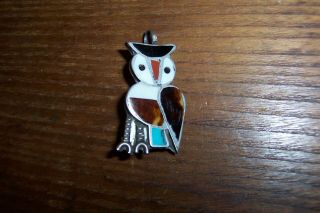 Vintage Zuni Sterling Silver Inlaid Turquoise Mop Shell Owl Pin - Pendent Unmarked