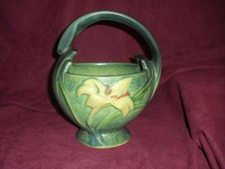 Vintage 1940 Roseville Pottery Green Zephyr Lily Daylily Basket Vase
