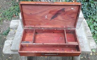 Vintage Wooden Art Artist Box Paint Case Sectioned Dovetail Carry Handle Travel 2