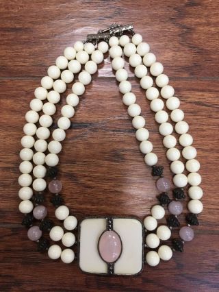 Dauplaise Necklace With Ivory Color And Pink Quartz Beads 3 Strands Vintage
